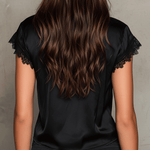 Black Lace-Trim Silk-Feel Boho Blouse