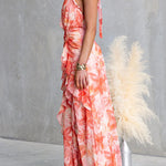 Halter V Neck Backless Floral Print Ruffle Slit Maxi Dress