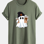 Regular Fit Halloween Ghost Coffee Print Cotton T-Shirt