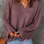 Dusk Blue Waffle Split V Neck Drop Shoulder Long Sleeve Top