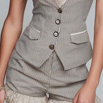 Pinstripe Tailored Vest & Shorts Set With Lace Trim