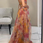 Giselle Tulle Render Floral Print Cutout Waist Back Lace-up Maxi Dress