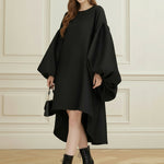Batwing Sleeves High-Low Pleated Solid Color Split-Joint Round-Neck Midi Dresses