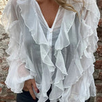 Solid Color Chiffon Ruffled V-neck Patchwork Top