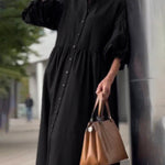 Half Sleeves Loose Buttoned Pleated Solid Color Tied Waist Stand Collar Maxi Dresses