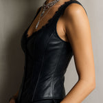 Stylish Black Leather Corset Waistcoat With Lace-Trim