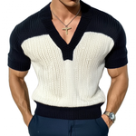 Men's Casual Contrast Color V-Neck Slim Fit Knitted Short Sleeve Sweater T-Shirt