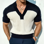 Men's Casual Contrast Color V-Neck Slim Fit Knitted Short Sleeve Sweater T-Shirt