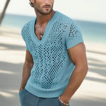 Men's Summer Fashion V-neck Knitted Mesh Breathable T-shirt