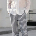 Men's Casual Cotton and Linen Striped Elastic Beach Pants