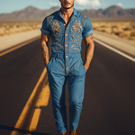 Men's Summer Fashion Casual Classic Western Style Tencel Denim Embroidered Jumpsuit