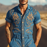 Men's Summer Fashion Casual Classic Western Style Tencel Denim Embroidered Jumpsuit