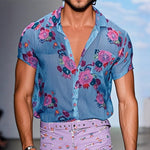 Men's Retro Casual Mesh Printed Floral Lapel Short Sleeve Shirt