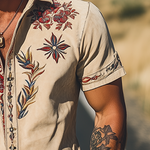 Men's Spring/Summer Fashion Retro Western Style Suede Embroidered Short Sleeve Shirt