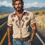 Men's Spring/Summer Fashion Retro Western Style Suede Embroidered Short Sleeve Shirt