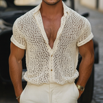 Men's Solid Color Knit Lapel Short Sleeve Casual Shirt
