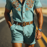Men's Summer Fashion Casual Retro Western Style Tencel Denim Embroidery Jumpsuit