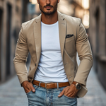 Men's Casual Breathable Cotton Notched Lapel Single Breasted Slim Fit Blazer