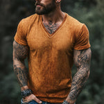 Men's Retro Casual Shabby Printed V-Neck Short Sleeve T-Shirt