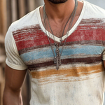 Men's Retro Casual Shabby Striped Printed V-Neck Short Sleeve T-Shirt