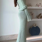 Marisol Ribbed Boucle Material Draped Off Shoulder Stretch Vacation Maxi Dress