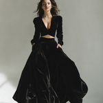 Women's Stylish Black Velvet V-neck Long-sleeved Crop Top Paired With A Long Skirt Set