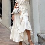 White Waisted Mid-length Sleeve Top and Loose Long Skirt Two-piece Set