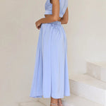 Cap Sleeve Belly-Hollow Pleated Solid Color Stand Collar Maxi Dresses