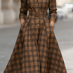 High Waisted Three-Quarter Sleeves Belted Buttoned Plaid Pleated Pockets Lapel Midi Dresses