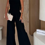 Linen Blend Solid Color Off-the-shoulder Pleated Casual Pocket Wide-leg Jumpsuit