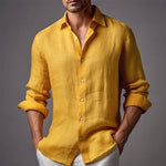 Men's Casual Solid Color Linen Lapel Slim Fit Long Sleeve Shirt
