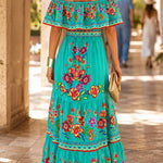Margovil Off Shoulder Bow Waist Floral Print Ruffle Tiered Maxi Dress