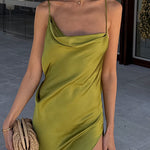 Margovil High Slit Back Drape Cascading Satin Maxi Cami Dress