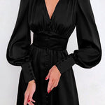Margovil V Neck Puff Sleeve Waisted Ruffle Satin Dress