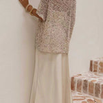 Crewneck Half Sleeves Crochet Hollow Out Sequin Top