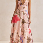 Halter V Neck Lace-up Waisted Floral Print Maxi Dress