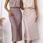 High Neck Sleeveless Waisted Satin Midi Dress