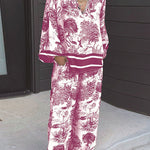 Margovil Lapel V Neck Long Sleeves Shirt Wide Leg Pants Printed Casual Set