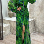Margovil Off Shoulder Lantern Long Sleeves Printed Slit Pleated Maxi Dress