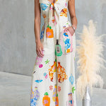 Adjustable Strap Tie Knot Front Unique Print Wide Leg Jumpsuit