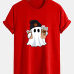 Regular Fit Halloween Ghost Coffee Print Cotton T-Shirt