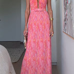 Halter V Neck Open Back Print Pleated Maxi Dress