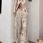 Margovil Cactus Print Lapel Long Sleeves Shirt Elastic Waist Wide Leg Pants Set