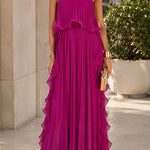 Margovil Strapless Tube Ruffle Pleated Swing Maxi Dress