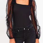 Square Collar Ruffle Dotted Sheer Sleeve Top