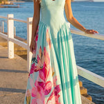 V Neck Sleeveless Basque Waist Floral Print Maxi Dress