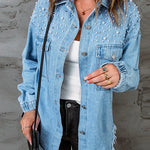 Margovil Pearls Beading Raw Hem Distressed Denim Shirt Jacket