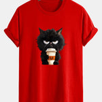 Regular Fit Black Cat Drinking Coffee Print Cotton T-Shirt