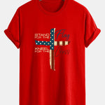 Regular Fit Retro American Flag Cross Print Cotton T-Shirt