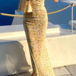 Santorini Sunset Delicate Floral Print Strapless Chiffon Maxi Dress